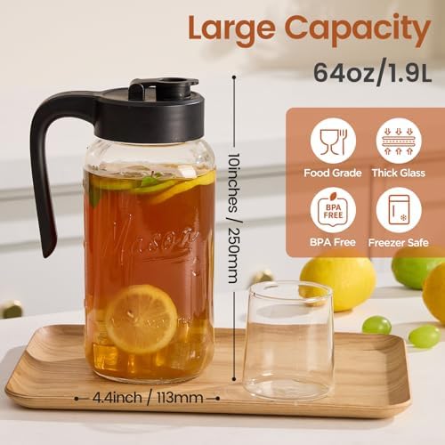 Mason Jar Pitcher with Tea Filter, 64 oz Glass Pitcher with Lid