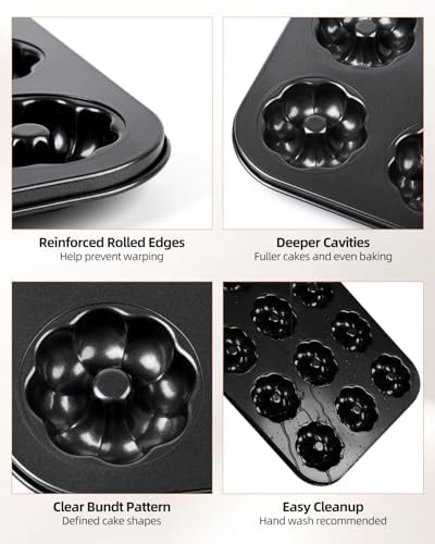 2 Pack Mini Bundt Cake Pans for Baking, 12 Cavity Nonstick Fluted Tube