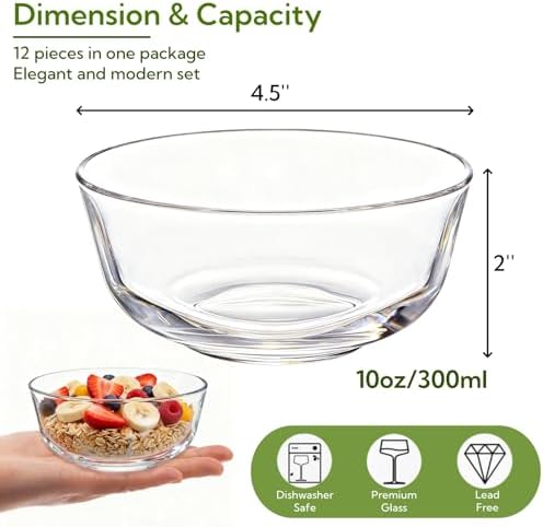 12 Pieces Small Glass Bowl Set, 10 oz Clear Prep Dessert Bowls