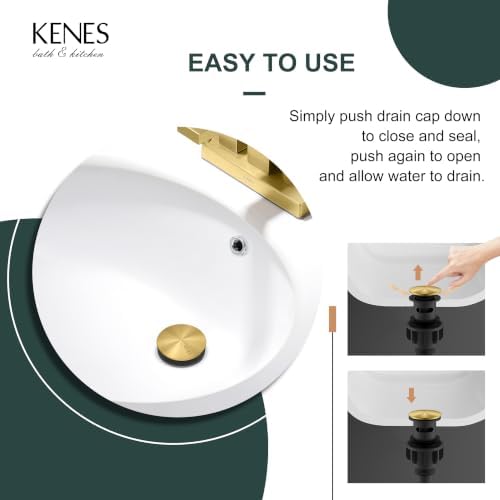 KENES Brushed Gold Pop Up Bathroom Sink Drain Assembly with Overflow