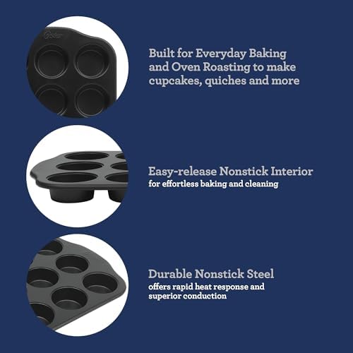 Oster Teston 12-Cup Muffin Pan, Nonstick Carbon Steel Cupcake Baking