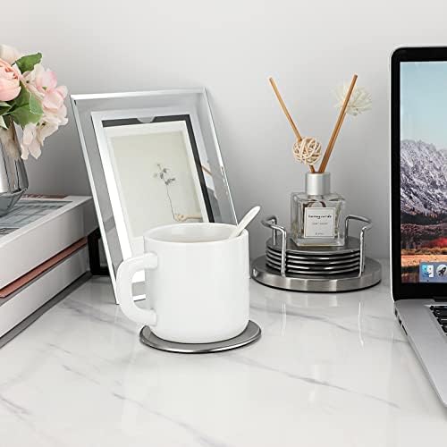 JUXYES Set of 6 Stainless Steel Metal Round Coaster with Holder for