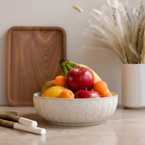 KooK Ceramic Serving Bowls, Embossed, Oven Safe, Set of 2, Ivory