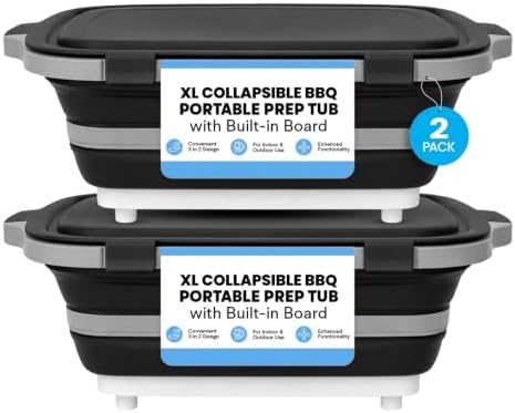 2-Pack XL Collapsible BBQ Prep Tub with Built-in Cutting Board, Lid &