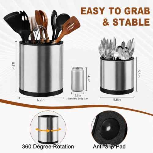 Extra Large Utensil Holder for Kitchen Counter,360°Rotating Stainless Steel