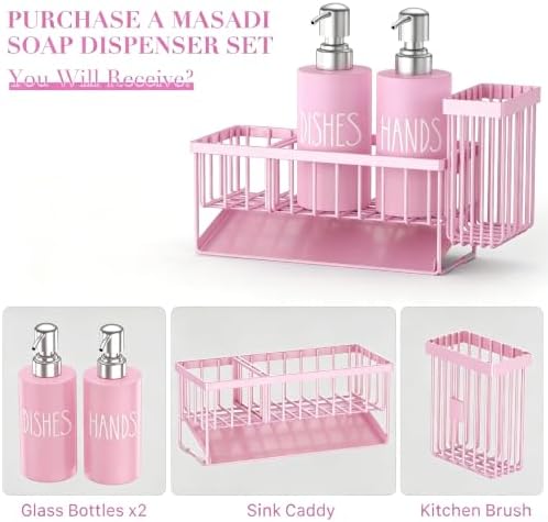 MASADI Pink &Silver Kitchen Dish Soap Dispenser Set with Sponge