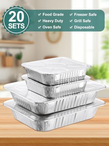 NEEBAKE 20 Set Disposable Aluminum Pans with Lids Assorted Sizes - 10
