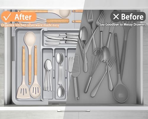 Silverware Organizer Expandable Kitchen Drawer Organizer Adjustable 22"x 19" Utensil Organizer with Rubber Feets Cutlery Drawer Organizer for Spoons Forks Knives Kitchen Organizers and Storage Grey