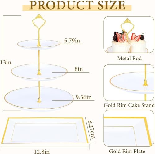 DI QIU REN 8PCS Gold-Rim Cake Plastic Dessert Display Stands Sets for