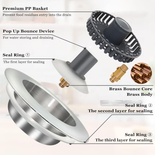 BAOLSLS 3-in-1 Kitchen Sink Stopper, Pop-Up Drain Strainer