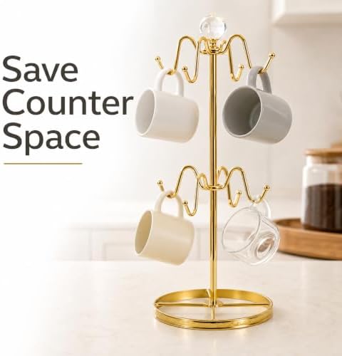 Mug Tree Coffee Cup Holder for Counter Top 8 Hooks(Gold)