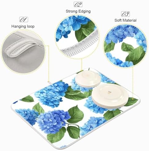 OTVEE Blue Hydrangea Nature Art Dish Drying Mat for Kitchen Counter