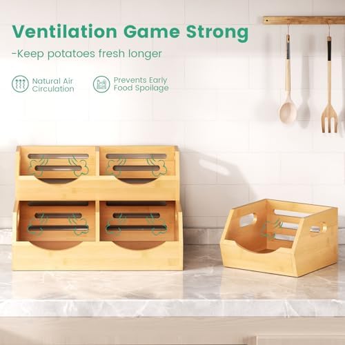 Onion Storage Bins Potato, 3 Tier Bamboo Pantry Storage Bin Stackable