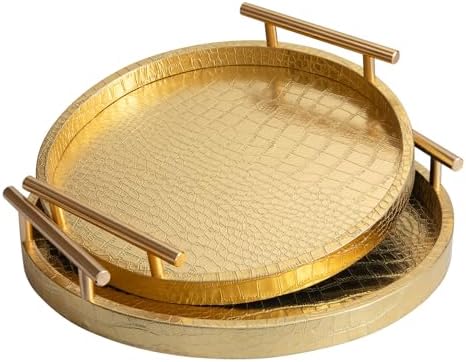 Modern Decorative Tray Set of 2, Wooden Round Crocodile Leather Tray