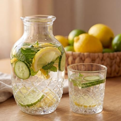 Hushee Set of 2 Vintage Bedside Water Carafe and Glass Set Clear
