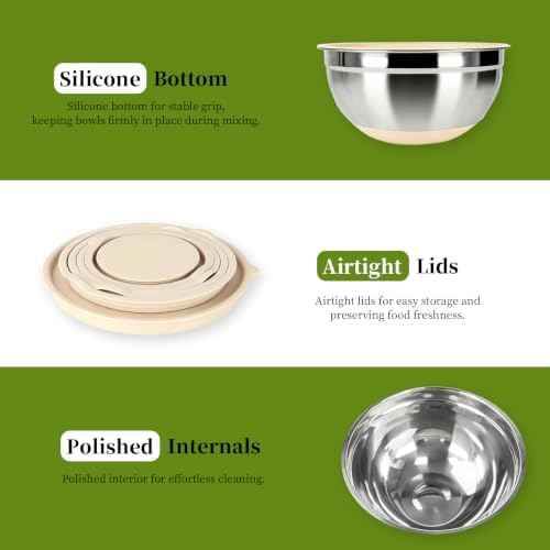 8 Pack Mixing Bowls with Airtight Lids & Grater Attachments, Khaki