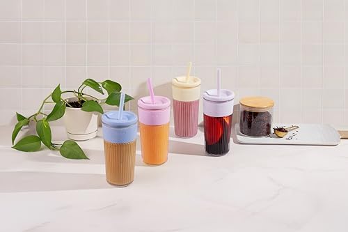 Ello Ava 18oz Glass Tumbler with Straw and Lid for Iced Coffee
