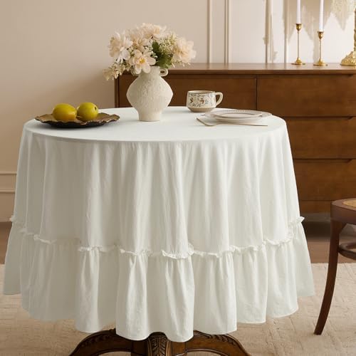 Romanstile Ruffled Round Tablecloth, White, 70 Inch