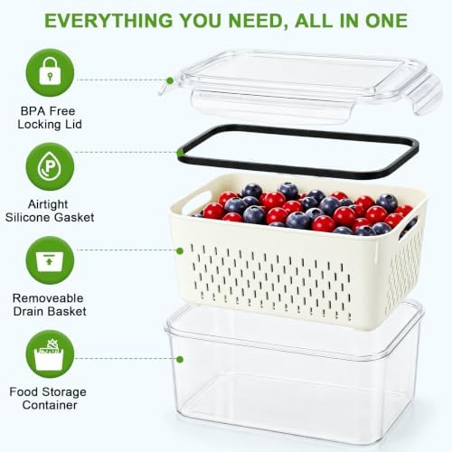 Fruit Storage Containers for Fridge, Airtight & Leakproof, 3 Pack