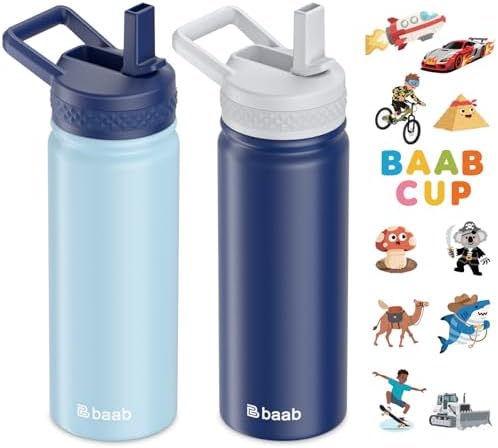 baab 18oz Kids Insulated Water Bottle 18/8 Stainless Steel Straw Cup
