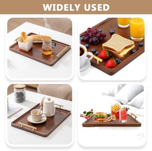 Acacia Wood Serving Tray,15.75 x 11.8 Inch Ottoman Tray with Gold