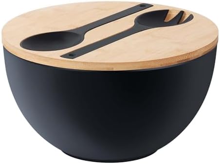 10" Large Salad Serving Bowl with Utensils in Lid, Bamboo Fiber Salad