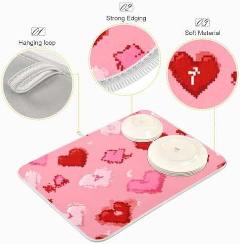 OTVEE Charming Pixel Heart Art Dish Drying Mat for Kitchen Counter