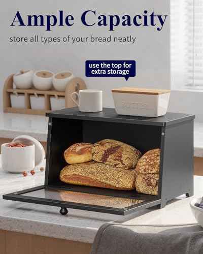 Kitsure Wooden Bread Box for Kitchen Countertop, 1-Tier, Black