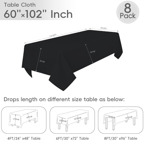 8 Pack Black Tablecloth 60 x 102 Inch Polyester Table Cloth for 6 Foot