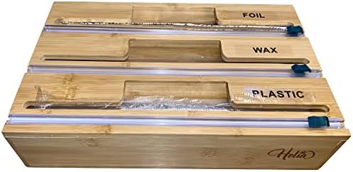 HELIA Bamboo Kitchen Wrap Organizer | Wall Mounting Solid Bamboo Foil and Plastic Wrap Dispenser with Sliding Cutters | Aluminum Foil and Plastic Wrap Dispenser with Cutter
