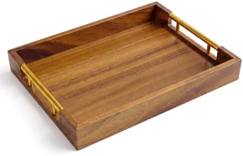 Acacia Wood Serving Tray with Metal Handles,14.2" x 9.8" Decorative