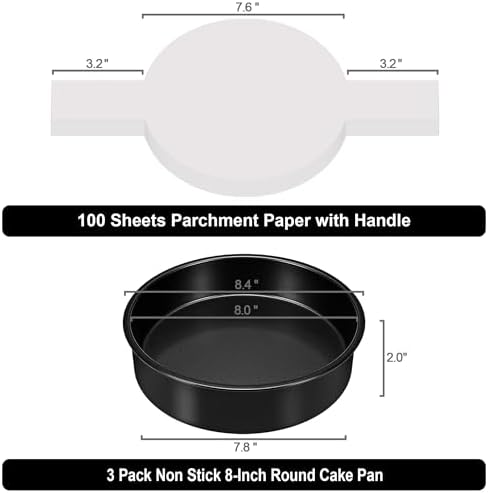 8 Inch Cake Pan, 3PCS Nonstick Baking Pans Set with 100PCS Parchment