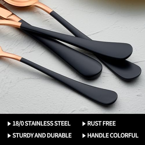 20-Pieces Rose Gold and Black Silverware Sets for 4,Black Handle