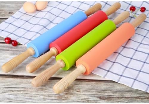 10 Inch Silicone Dough Rolling Pin Non Stick with Wood Handle for