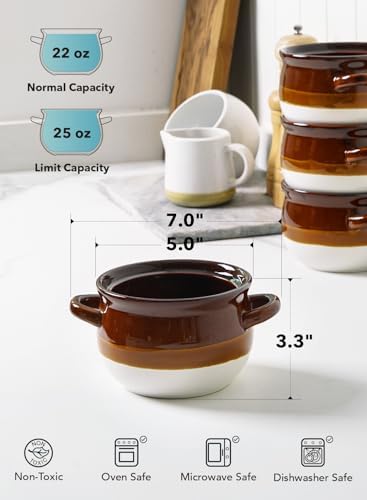 LE TAUCI Ceramic French Onion Soup Bowls with Handles, 22 OZ, Set of 4