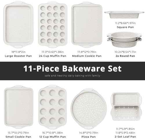 11-Piece Kitchen Nonstick Stackable Bakeware Set, Baking Pans Set, White