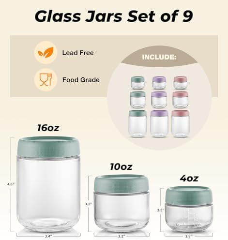 9 Pack Overnight Oats Containers with Lids, Large & Small Glass Mason
