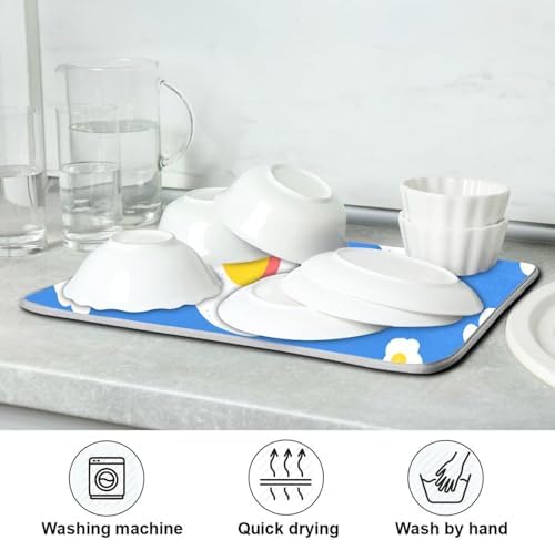 OTVEE Blue Breakfast Art Dish Drying Mat for Kitchen Counter Absorbent