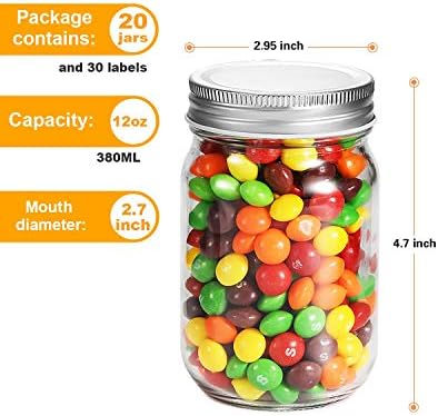 Rainforce 12 oz Mason Jars with Silver Lids, 20 Pack