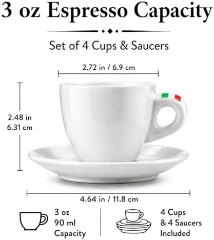 Bacimi® Espresso Cups & Saucers Set of 4 – 3 oz Thick Porcelain Coffee