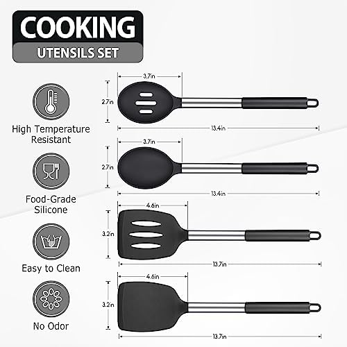 Silicone Cooking Spatula and Spoon Set, Stainless Steel