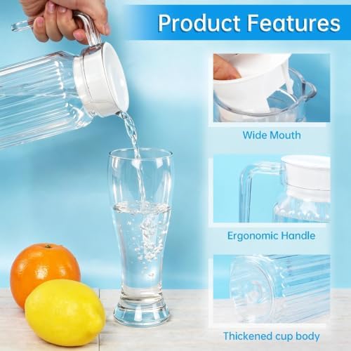2 Pack Plastic Pitcher with Lid and Handle, Unbreakable Acrylic Juice