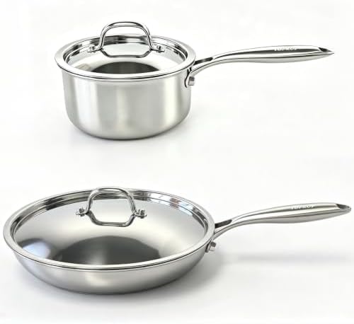 Stainless Steel Pots and Pans Set,12" Tri-Ply Frying Pan with Lid(25% Thicker–Warp Resistant) 2QT Saucepan,Even Heat PFOA-Free & PTFE-Free,Oven & Dishwasher Safe,Induction Compatible