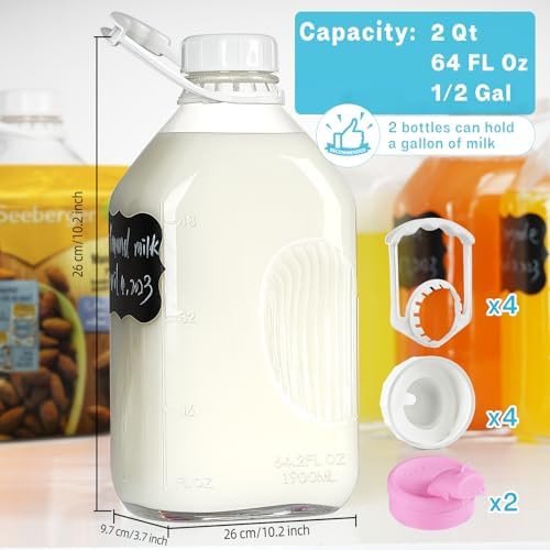 2 Pack 1/2 Gallon Glass Milk Bottles with Airtight Screw Lid & Handle