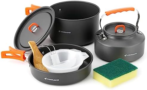 Odoland 10pcs Camping Cookware Camping Pots and Pans Set with Kettle