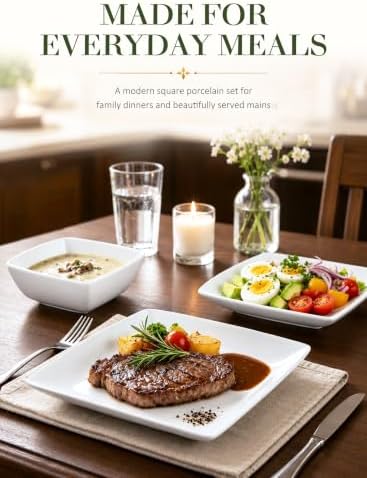 Porcelain Square Dinner Plates, 10.75 Inch White Plates, Set of 4