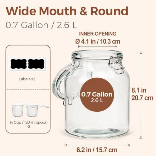 ComSaf Glass Pantry Jars with Airtight Lids 0.7 Gallon 2 Pack Wide