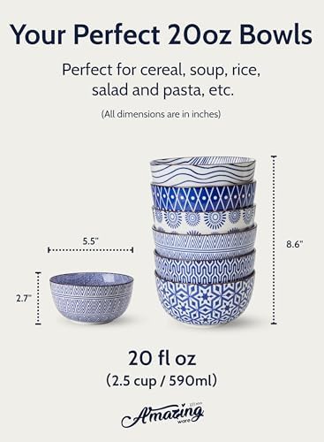 Porcelain Bowl - 20 Ounce for Cereal, Soup, Salad and Pasta, Microwave