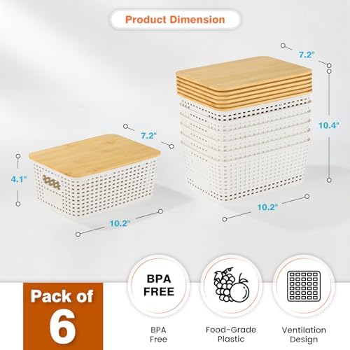 Ohmlove 6-Pack Plastic Storage Baskets with Bamboo Lids