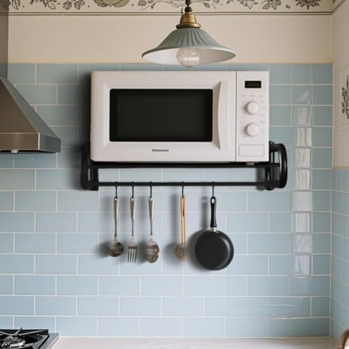 Wall-Mounted Microwave Shelf with 5 Hooks, 30kg Capacity